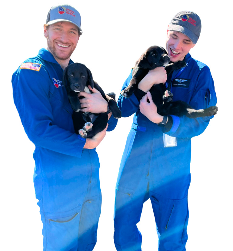 Two pilots in blue flight suits each holding a black and white puppy