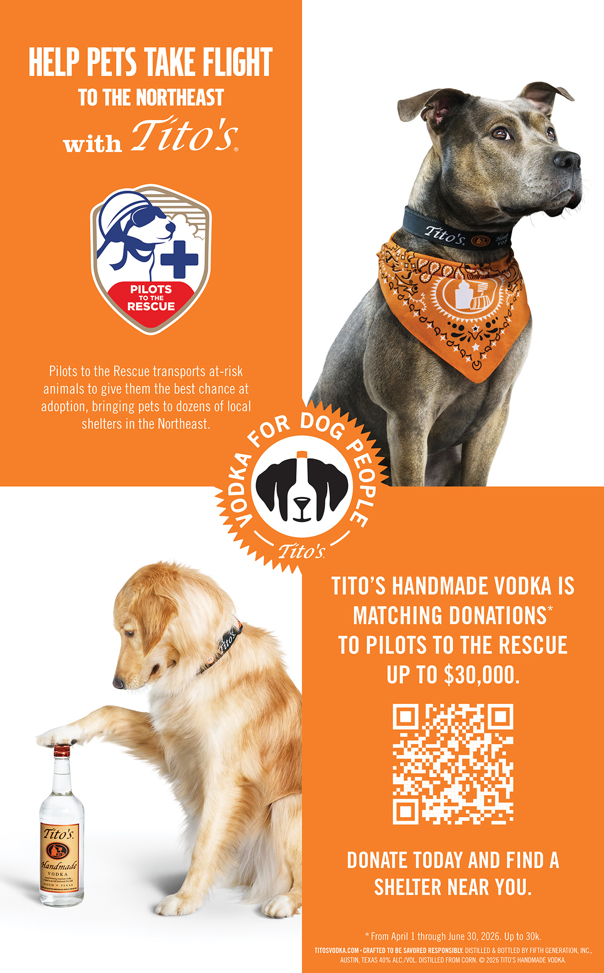Titos Handmade Vodka is matching donations to Pilots To The Rescue up to $30,000 from April 1 through June 30, 2026